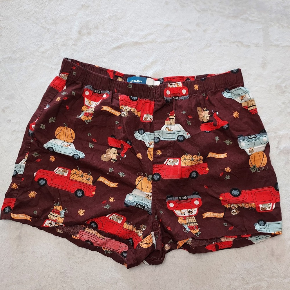 Old Navy Mens Large Maroon Fall Harvest Pumpkin Red Truck Pajama Boxer Shorts L